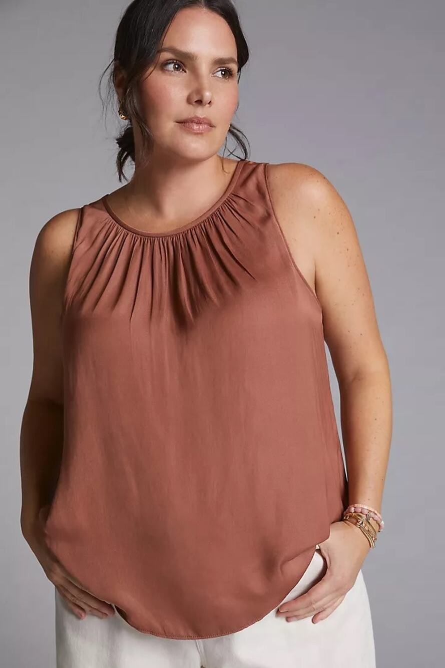 Anthropologie Brown Draped Low-Back Sleeveless Blouse, 1X Plus Size ~ NEW